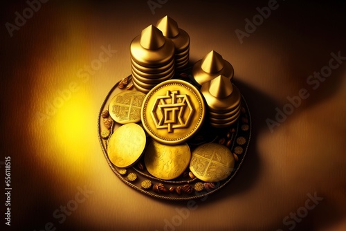 Hanukkah Background with Dreidel and Gold Coins on Gold Background