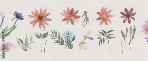 Watercolor flowers set on a white background for design and print.
