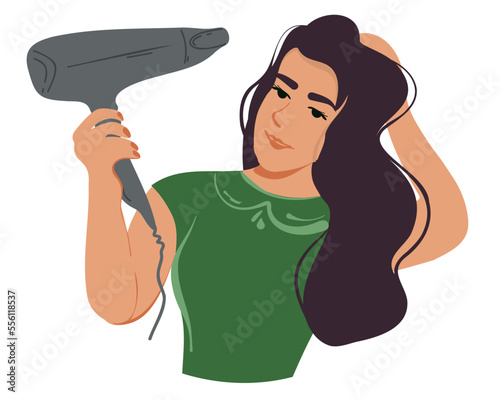 A young woman dries her hair with a hair dryer. Flat vector illustration