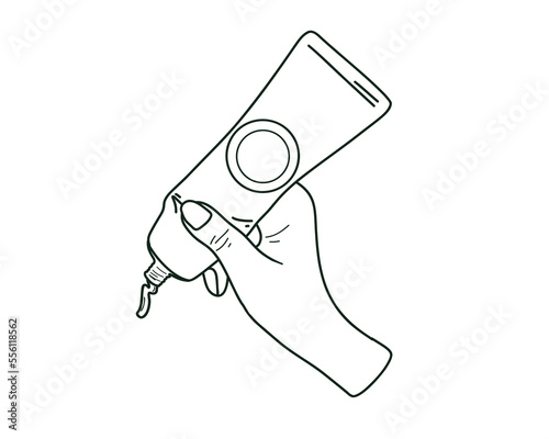 Squeeze out the hand cream from the tube. Hand care. Doodle vector illustration, hand drawn