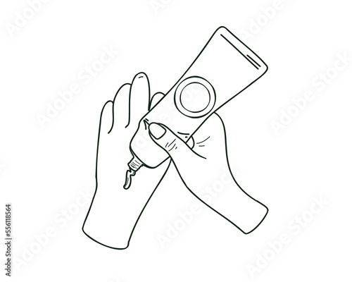 Hand care. Squeeze out the hand cream from the tube. Doodle vector illustration, hand drawn