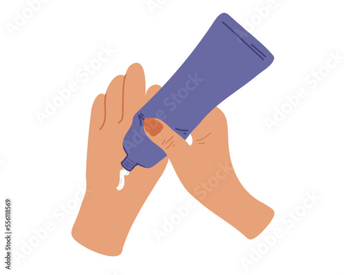 Hand care. Squeeze out the hand cream from the tube. Flat vector illustration