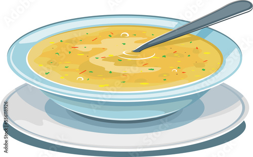 One dinner plate with soup on blue color with stand and a spoon