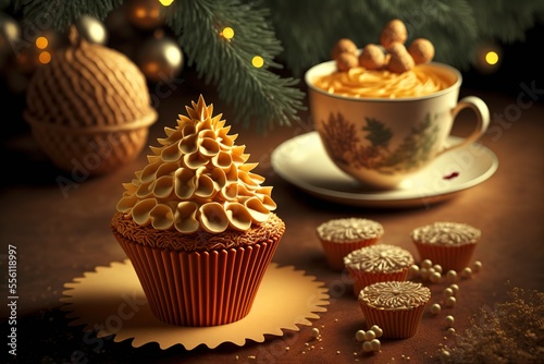 ginger christmas cupcakes, pies and tea on christmas tree background