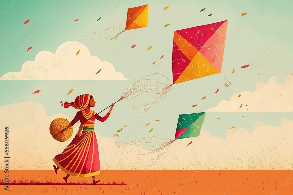 fly kites for the holiday Makar Sankranti Hindu harvest festival stock illustration Makar Sankranti, Kite - Toy, Illustration, India, Traditional Festival - obrazy, fototapety, plakaty 