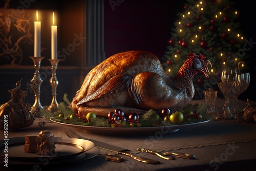Dinner party, traditional christmas turkey with christmas tree background