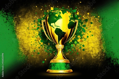Football trophy on background Green, Yellow and Black photo