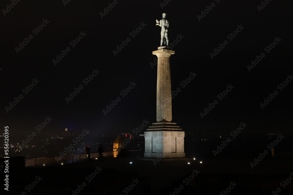 Pobednik (The Victor Monument) in Belgrade Fortress at Night in Serbia