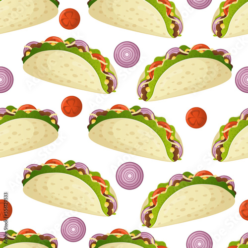 Seamless pattern with mexican food tacos, onion and tomato rings. Fast food restaurant and street food snacks, meat tortillas, takeaway food delivery