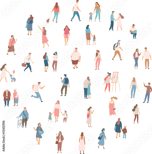 City street, park. Different people silhouettes walking outdoor, riding bicycle, sitting on bench, walking with friends. Crowd illustration