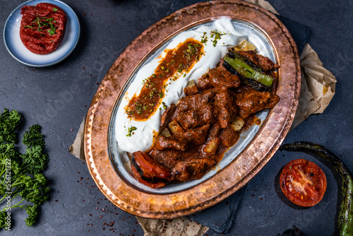 turkish iskender kebab on copper plate