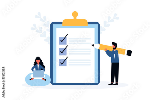 Businessman with Businesswomen questionnaire opinion test choice to-do list paper