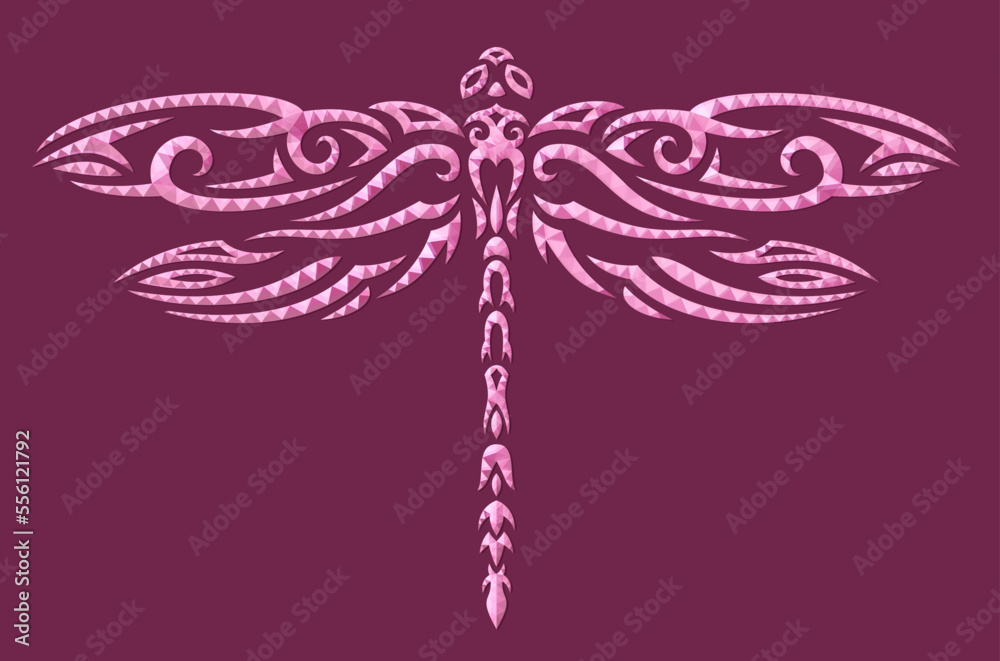 Low poly vector art with pink dragonfly silhouette Low poly vector art with pink dragonfly silhouette