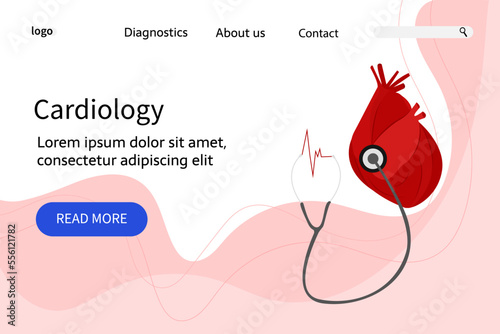 Human heart for cardiology and stethoscope. Health care and heart disease diagnosis landing page template. Vector illustration of the anatomy of the heart