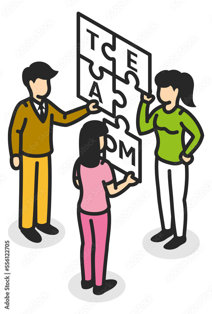 Team making jigsaw puzzle together. Isometric business icon