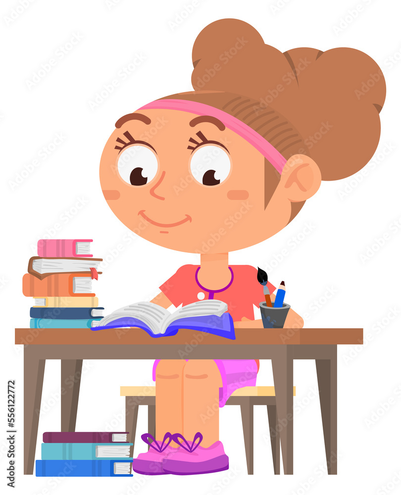 Kid studying. Girl sitting at desk with book stack