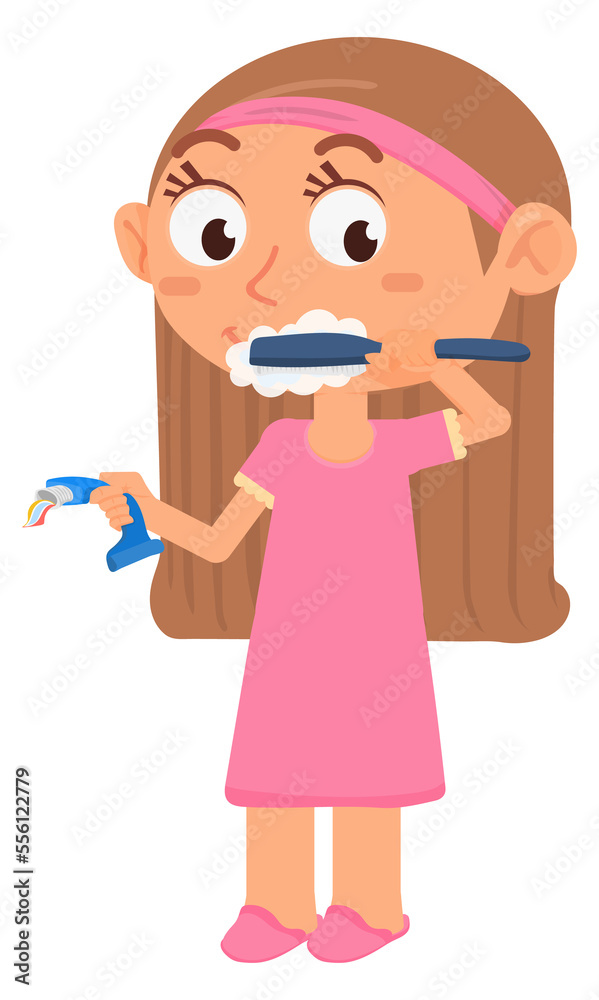 Girl washing teeth. Cartoon kid dental hygiene Girl washing teeth. Cartoon kid dental hygiene