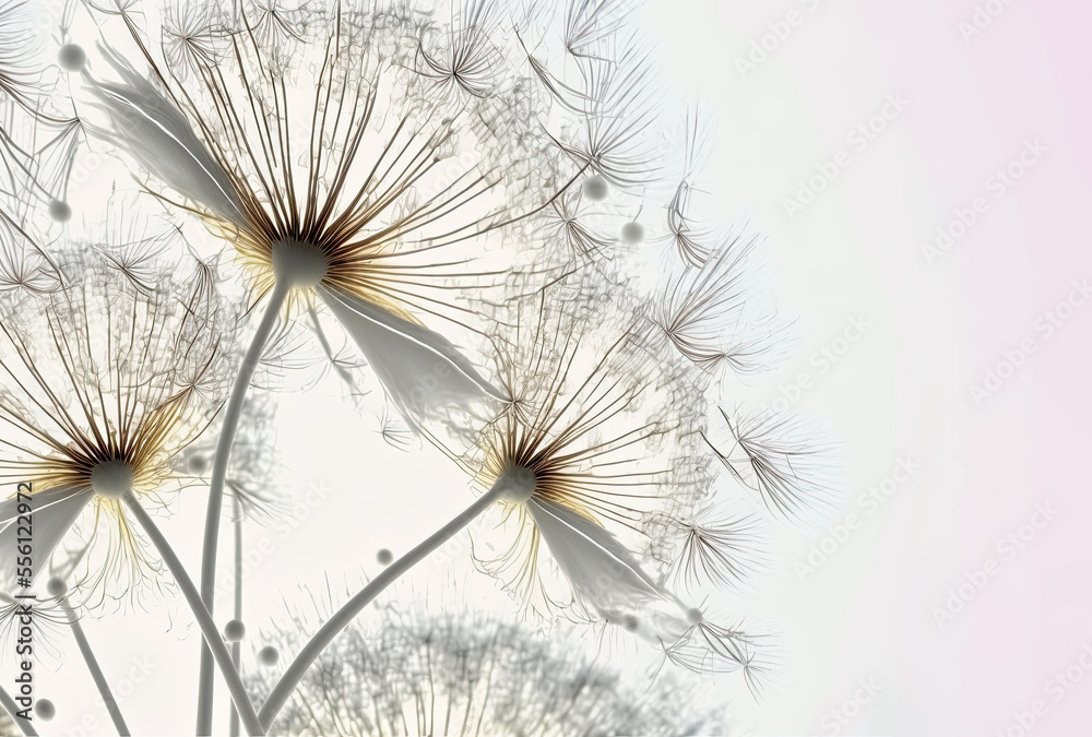 Close-up of dandelions, delicate airy background with space for your text, greetings, card, dandelions, winter soft feeling, illustration, generative ai