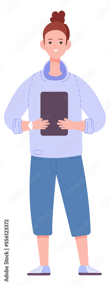 School girl holding tablet. Teenager using gadget