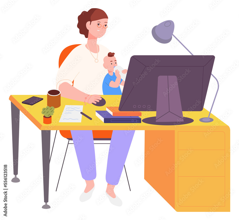 Woman working on computer with baby. Freelancing mother