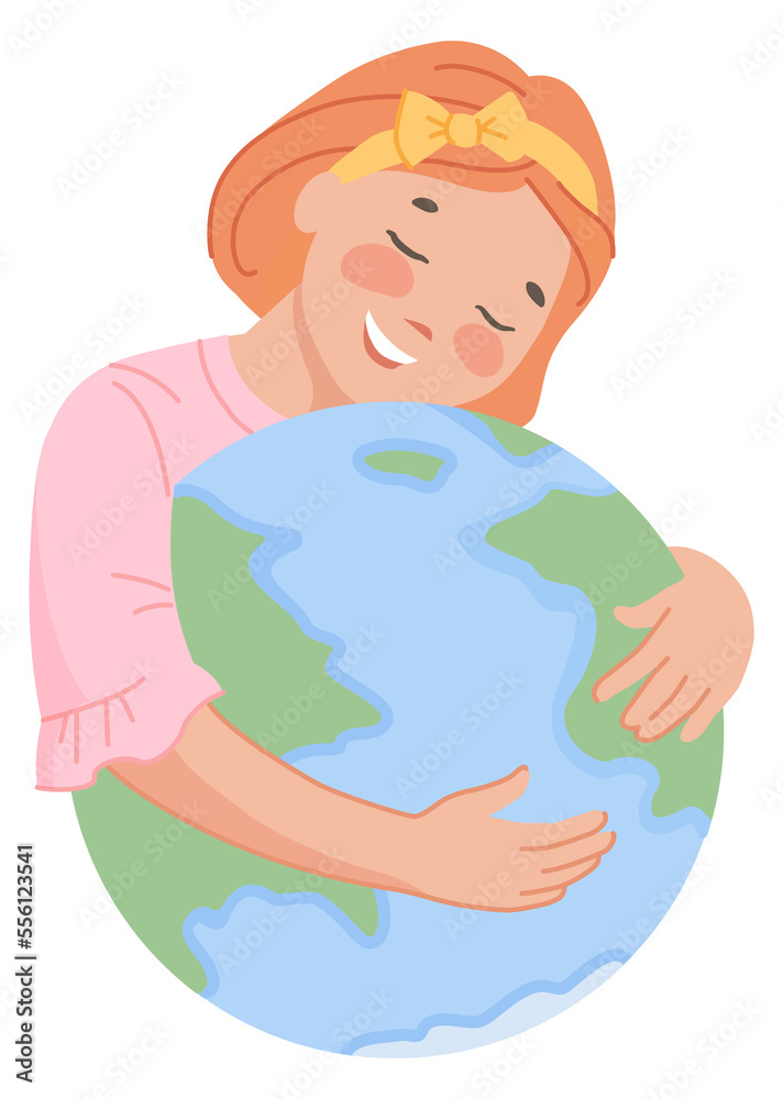 Girl embrace planet. Smiling kid saving Earth Girl embrace planet. Smiling kid saving Earth