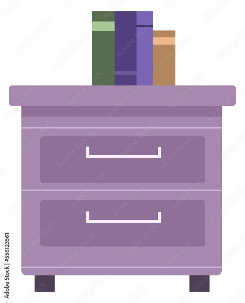 Wooden furniture with drawers and book standing on top