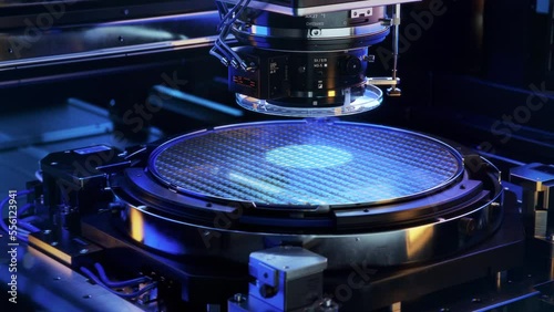 Silicon Wafer during Photolithography Process. Shot of Lithography Process that allows to Create Complex Patterns on a Wafer during Semiconductor and Computer Chip Manufacturing at Fab or Foundry.