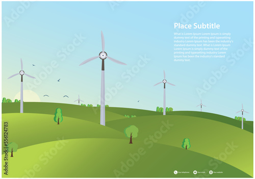 Green energy concept , silhouette of landscape view of wind power turbine among mountain hill with sky in the early morning
