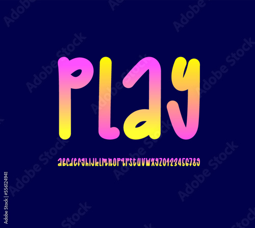 Playful font alphabet in the cartoon style, rounded ultra thick gradient colored letters and numbers in doodle style