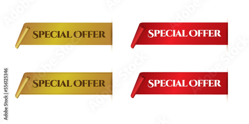 Gold and red side ribbon and curled up edge special offer banner, vector illustration