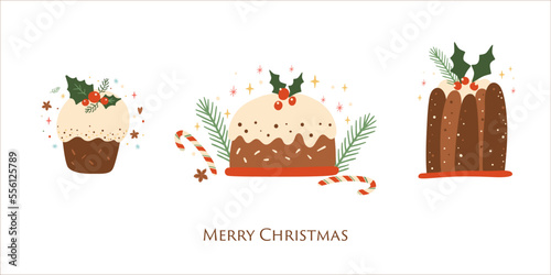 Christmas pudding set isolated vector element. Tasty Christmas cake or Cute winter holiday pie with holly berry food illustration. Hand drawn baked Christmas dessert collection.