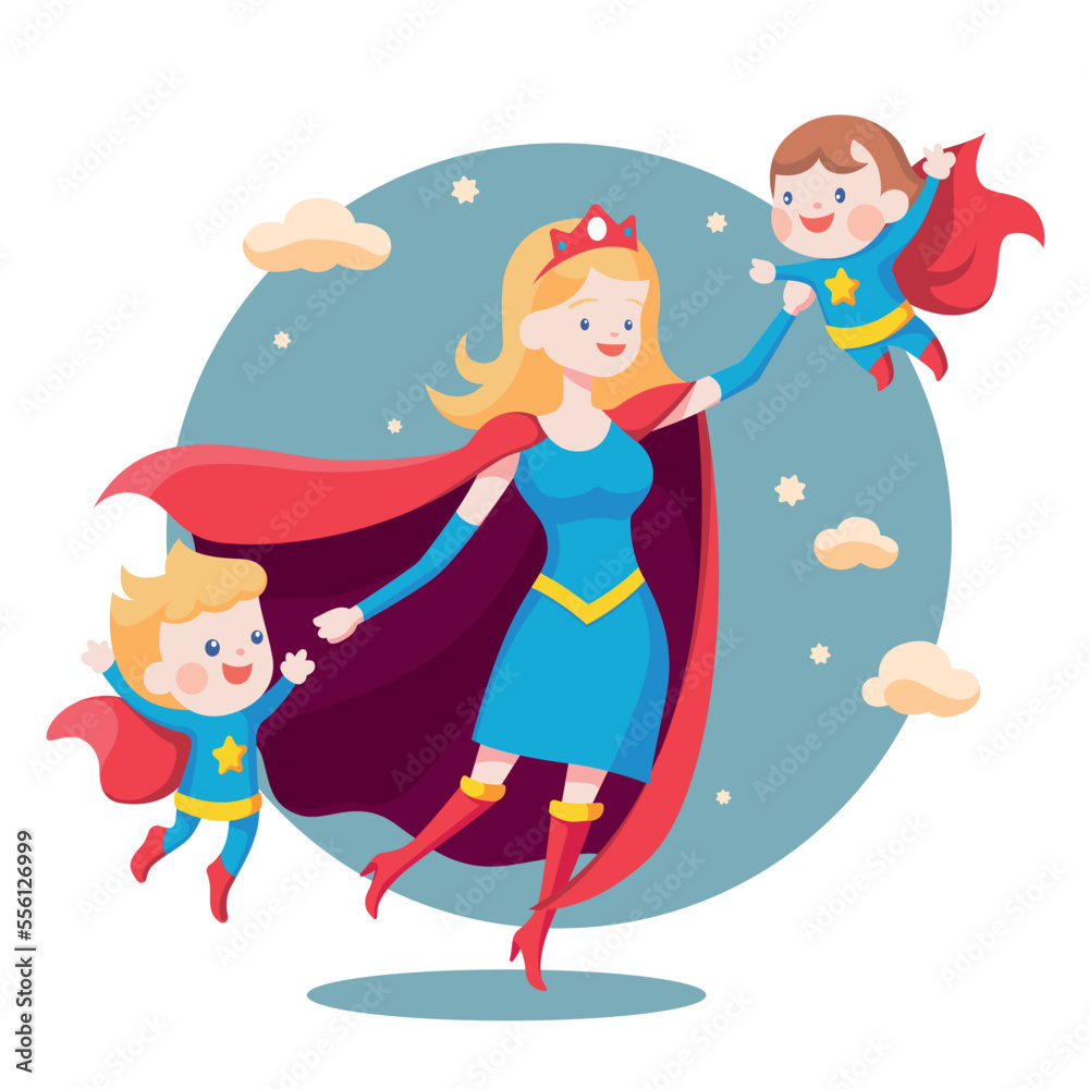 Super Mom. Superhero Mother Character in Red Cape with kids Super Mom. Superhero Mother Character in Red Cape with kids