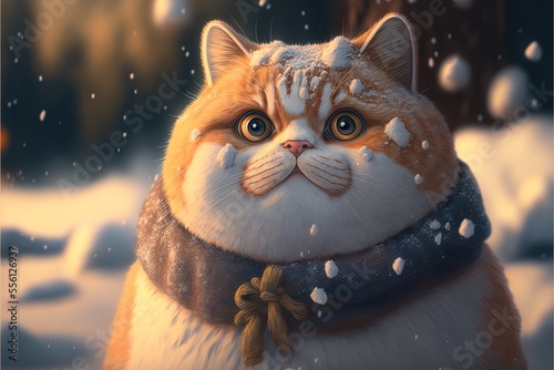 Cute adorable chonky cat with big eyes in cozy snow, winter holidays snowing