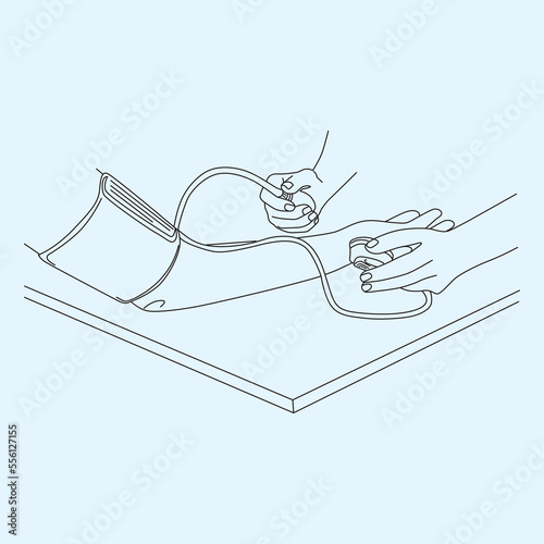 Blood pressure check, line drawing art, vector illustration