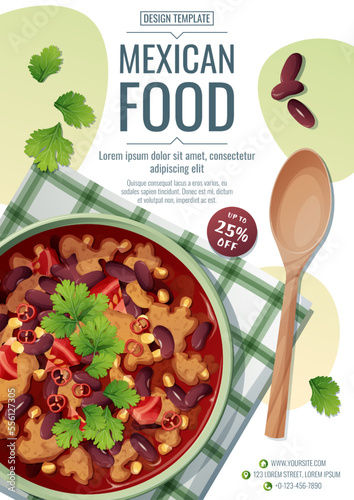 Flyer template with bean soup. Delicious dish with kidney beans, meat, corn, tomatoes and chili peppers.Traditional Mexican food.