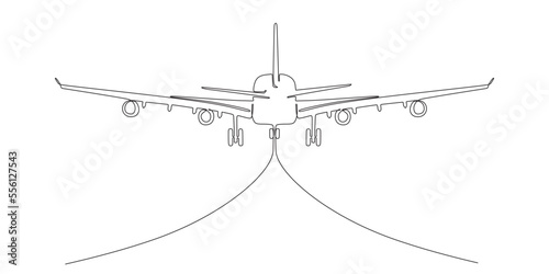 Continuous line drawing of flying passenger plane. Colorful sky background. Vector illustration.
