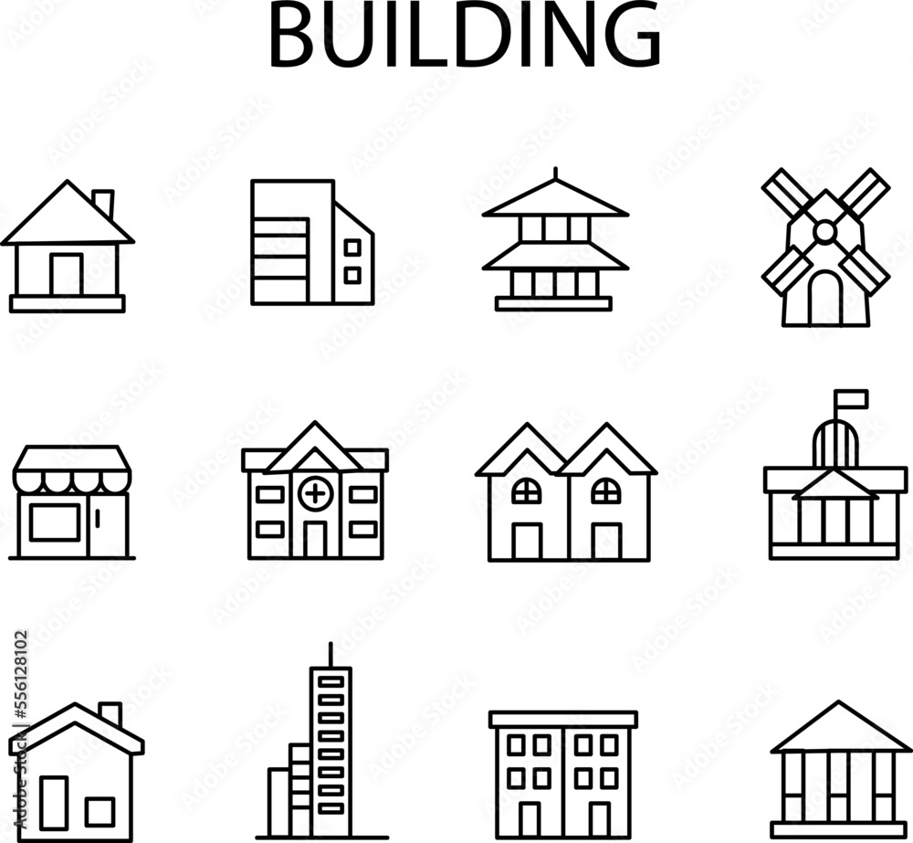 Building thin line icons set. Building, House, Hospital, Office, School, Bank, Church, Hotel editable stroke icon. Vector illustration.eps