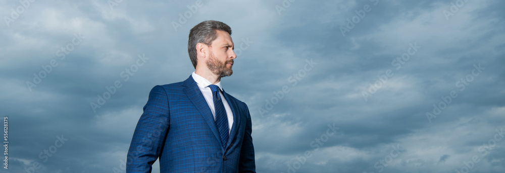 Portrait of businessman looking aside. Businessman in suit. Serious grizzled businessman Portrait of businessman looking aside. Businessman in suit. Serious grizzled businessman