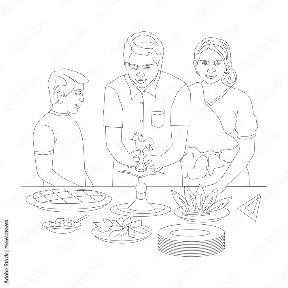 Sinhala and Tami Aurudu, line drawing art, vector illustration Sinhala and Tami Aurudu, line drawing art, vector illustration