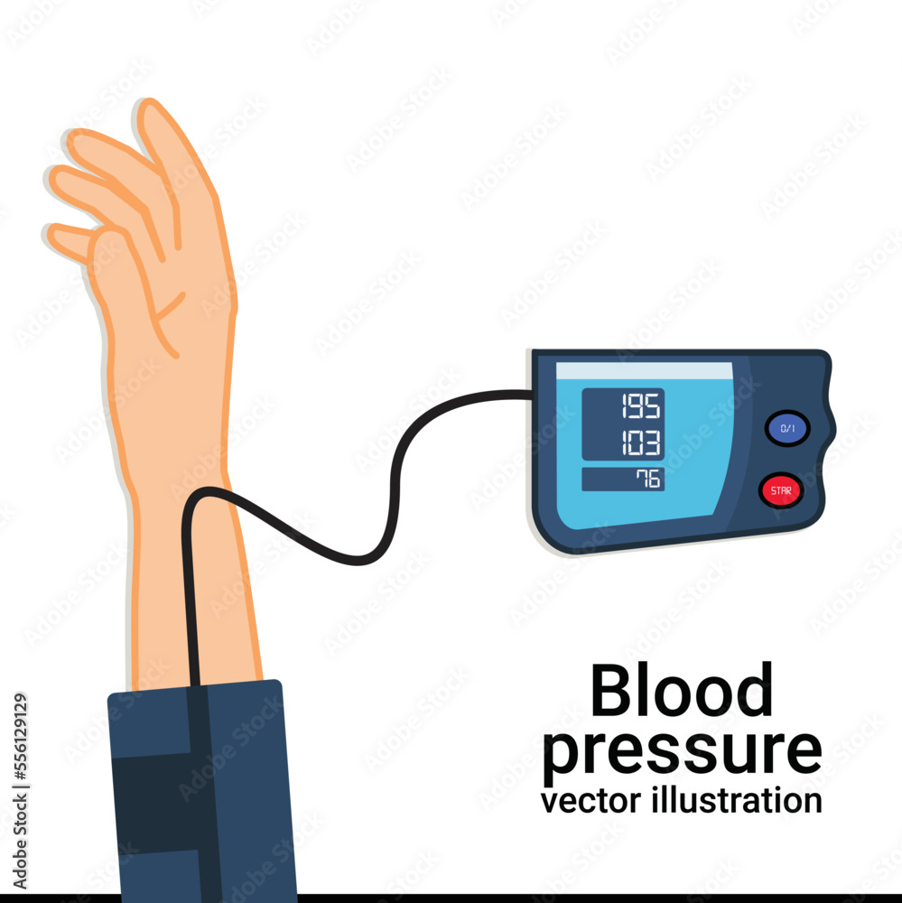 Man measuring patient blood pressure. Checking arterial blood pressure digital device tonometer. Healthcare concept. Vector illustration flat design. Medical equipment. Monitoring health Man measuring patient blood pressure. Checking arterial blood pressure digital device tonometer. Healthcare concept. Vector illustration flat design. Medical equipment. Monitoring health