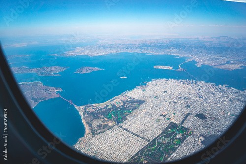 aerial view on san francisco downtown from airplane window 