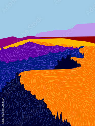 Beautiful mountain landscape hand drawn vector illustration. Nature scenery with trees and hill peaks silhouettes on horizon.