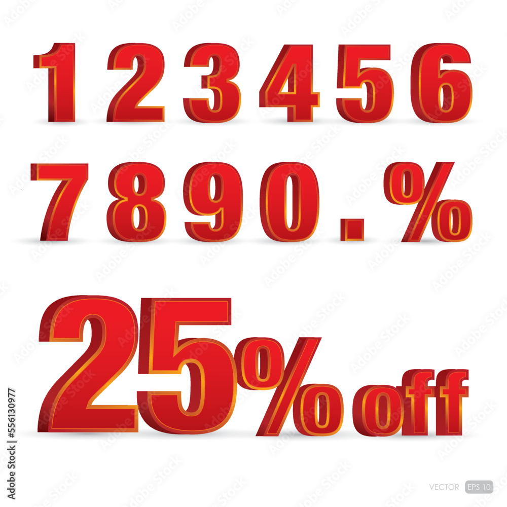 Set 3D of figures of red color and sign of percent. Number from 1 to 9. Discount numbers. Eps10. Set 3D of figures of red color and sign of percent. Number from 1 to 9. Discount numbers. Eps10.