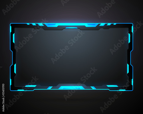 Abstract black and blue glowing neon light screen panel frame for live video streaming and broadcasting