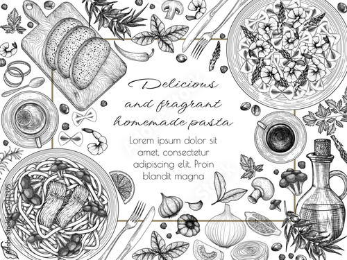 Vector illustration of pasta tagliatelle with salmon and broccoli, coffee, tea with lemon, farfalle pasta with shrimps and asparagus, bread in engraving style