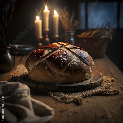 Serbian Orthodox Christmas eve. Table set up. Bread and candle. Česnica bread. Generative ai.