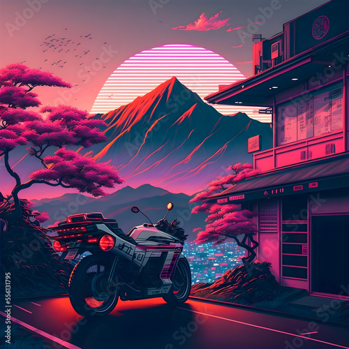 Print op canvas Hand drawn synthwave Japan illustration