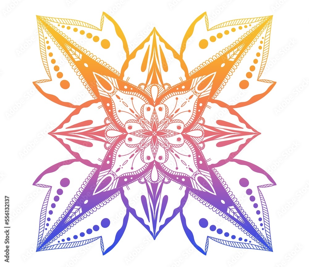 Floral mandala illustration on a white background with blue, purple and yellow gradations. Ethnic decorative elements.
