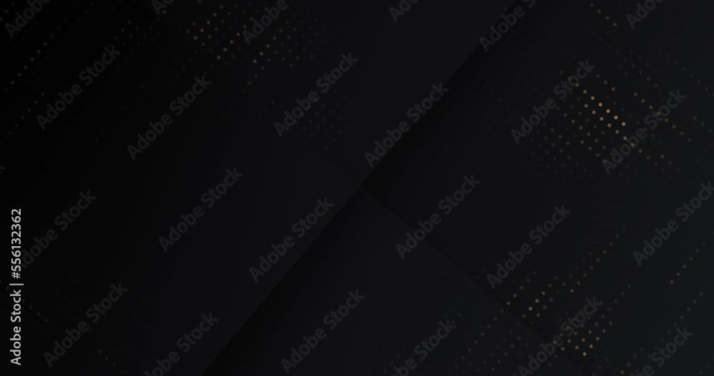 4k luxury animated background with dots and gold sequins. Black golden elegant striped banner. 3D Seamless loop greeting card. Abstract random moving arrow frame. Deluxe digital luxurious animation BG