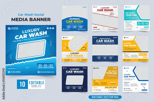 Car cleaning and repair business promotional template collection with blue and yellow colors. Car wash business social media post set vector for marketing. Vehicle maintenance service template bundle.